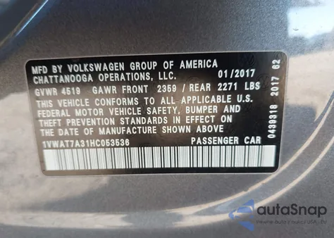 2017 Volkswagen Passat 1.8T S из США, поврежденный, VIN 1VWAT7A31HC053536